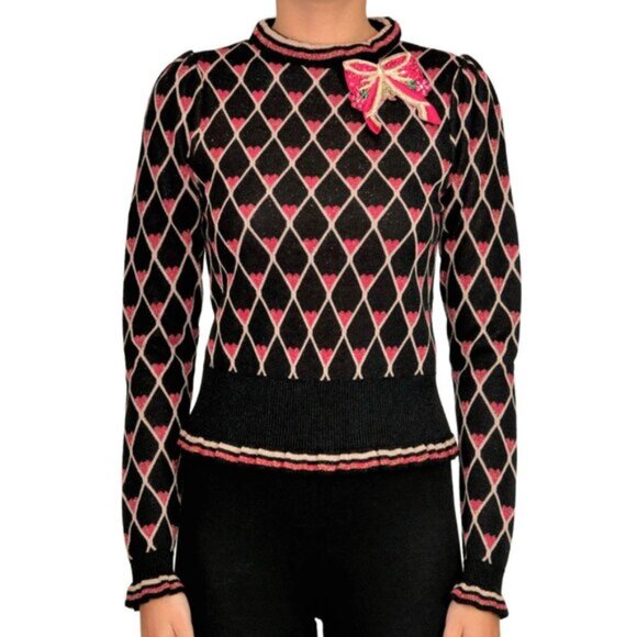 Elisabetta Franchi Black Lurex Diamond & Heart Printed Turtleneck